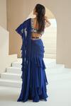 Shop_Seema Thukral_Blue Choli Georgette Hand Embroidered Floral Pre-draped Ruffle Saree With _at_Aza_Fashions
