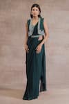 Buy_Seema Thukral_Green Jacket Chanderi, Saree And Blouse Chiffon, Satin Lining Pre-draped & Set _at_Aza_Fashions