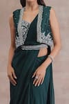 Seema Thukral_Green Jacket Chanderi, Saree And Blouse Chiffon, Satin Lining Pre-draped & Set _Online_at_Aza_Fashions