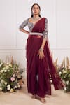 Buy_Seema Thukral_Maroon Blouse And Pant Georgette Stitched Pallu Organza Draped Saree With _at_Aza_Fashions