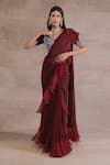 Buy_Seema Thukral_Maroon Organza, Blouse Georgette, Saree Chiffon, Satin Ruffle Pre-draped Set _at_Aza_Fashions