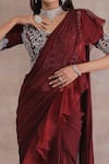 Seema Thukral_Maroon Organza, Blouse Georgette, Saree Chiffon, Satin Ruffle Pre-draped Set _Online_at_Aza_Fashions