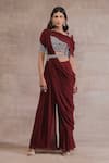 Buy_Seema Thukral_Maroon Pallu Chiffon Embroidered Floral Pre-draped Pant Saree Set _at_Aza_Fashions