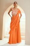 Seema Thukral_Orange Choli Georgette Embroidered Floral Motifs V Sharara Saree With _Online_at_Aza_Fashions