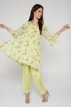 Bha Sha Green Georgette, Satin V-neck Stella Floral Print Tunic And Straight Pant Set Online at Aza Fashions Bha Sha_Green Georgette, Satin V-neck Stella Floral Print Tunic And Straight Pant Set _Online_at_Aza_Fashions