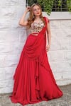 Buy_Tamaraa By Tahani_Red Georgette V Neck Embellished Ruffle Saree With Blouse _at_Aza_Fashions