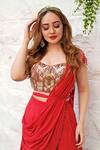 Shop_Tamaraa By Tahani_Red Georgette V Neck Embellished Ruffle Saree With Blouse _Online_at_Aza_Fashions