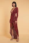 Buy_Siddartha Tytler_Red Net Thread Work, Crystals, Beads Plunge V Neck Embroidered Gown _at_Aza_Fashions