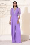 Buy_Seema Thukral_Purple Georgette, Organza, Satin Beads, Sequins Puff Sleeves Jumpsuit_at_Aza_Fashions