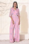 Buy_Seema Thukral_Pink Chiffon Lining Satin And Embroidery Floral V Neck Jumpsuit _at_Aza_Fashions