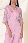 Seema Thukral_Pink Chiffon Lining Satin And Embroidery Floral V Neck Jumpsuit _Online_at_Aza_Fashions