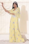 Buy_Seema Thukral_Yellow Georgette Lining Satin Floral Print, Glass Beads, Beads, Pearl Jumpsuit_at_Aza_Fashions