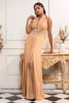 Seema Thukral_Beige Pure Georgette Halter Neck Hand Embroidered Jumpsuit _Online_at_Aza_Fashions