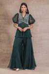 Buy_Seema Thukral_Green Georgette, Satin, Organza Embroidery, Beads, Floral Peplum And Sharara Set_at_Aza_Fashions