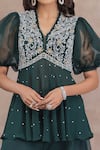 Seema Thukral_Green Georgette, Satin, Organza Embroidery, Beads, Floral Peplum And Sharara Set_Online_at_Aza_Fashions
