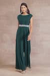 Buy_Seema Thukral_Green Georgette 60 Gms, Satin Lining Floral Embroidery Boat Pleated Jumpsuit _at_Aza_Fashions