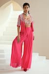 Buy_Seema Thukral_Pink Georgette, Lining Satin Floral Embellished Jacket And Pleated Pant Set_at_Aza_Fashions