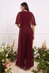 Shop_Seema Thukral_Maroon Georgette Lining Satin Embroidery V Neck Pleated Flared Jumpsuit _at_Aza_Fashions