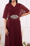 Seema Thukral_Maroon Georgette Lining Satin Embroidery V Neck Pleated Flared Jumpsuit _Online_at_Aza_Fashions