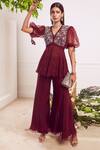 Buy_Seema Thukral_Maroon Pant And Top Organza Pant Crepe Lining Embroidered Peplum & Set _at_Aza_Fashions