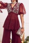 Seema Thukral_Maroon Pant And Top Organza Pant Crepe Lining Embroidered Peplum & Set _Online_at_Aza_Fashions