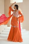 Seema Thukral_Orange Kurta Georgette Embellished Floral Motifs V Neck Peplum Gharara Set _Online_at_Aza_Fashions