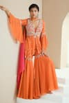 Buy_Seema Thukral_Orange Kurta Georgette Embellished Floral Motifs V Neck Peplum Gharara Set _Online_at_Aza_Fashions