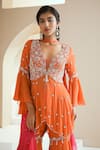 Shop_Seema Thukral_Orange Kurta Georgette Embellished Floral Motifs V Neck Peplum Gharara Set _Online_at_Aza_Fashions