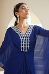 Shop_Seema Thukral_Blue Chiffon, Lining Satin Floral Motifs V Neck Embroidered Draped Kaftan _Online_at_Aza_Fashions