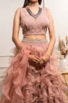 Seema Thukral_Pink Pure Georgette Leaf Neck Organza Ruffle Lehenga Set _Online_at_Aza_Fashions