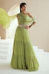 Buy_Seema Thukral_Green Chiffon Embellished Zari And Mirror Work Draped Choli & Lehenga Set _at_Aza_Fashions