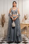 Buy_Seema Thukral_Blue Organza, Crepe, Pure Georgette Blouse Leaf Embroidered Cape Lehenga Set _at_Aza_Fashions