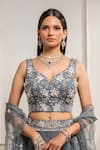 Seema Thukral_Blue Organza, Crepe, Pure Georgette Blouse Leaf Embroidered Cape Lehenga Set _Online_at_Aza_Fashions