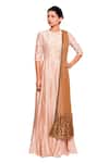 Buy_Salt And Spring_Pink Net, Chanderi Leaf Motifs Round Embroidered Anarkali With Dupatta _at_Aza_Fashions