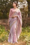 Buy_Vaani Beswal_Pink Handwoven Zari Linen Stripes Sumaya Saree _at_Aza_Fashions