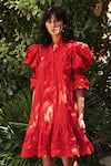 Buy_Vidhi Wadhwani_Red Cotton Band Collar Cutwork Dress_at_Aza_Fashions