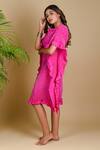 Buy_Dyelogue_Pink Mulbery Silk Boat Flared Sleeved Bandhani Dress _Online_at_Aza_Fashions