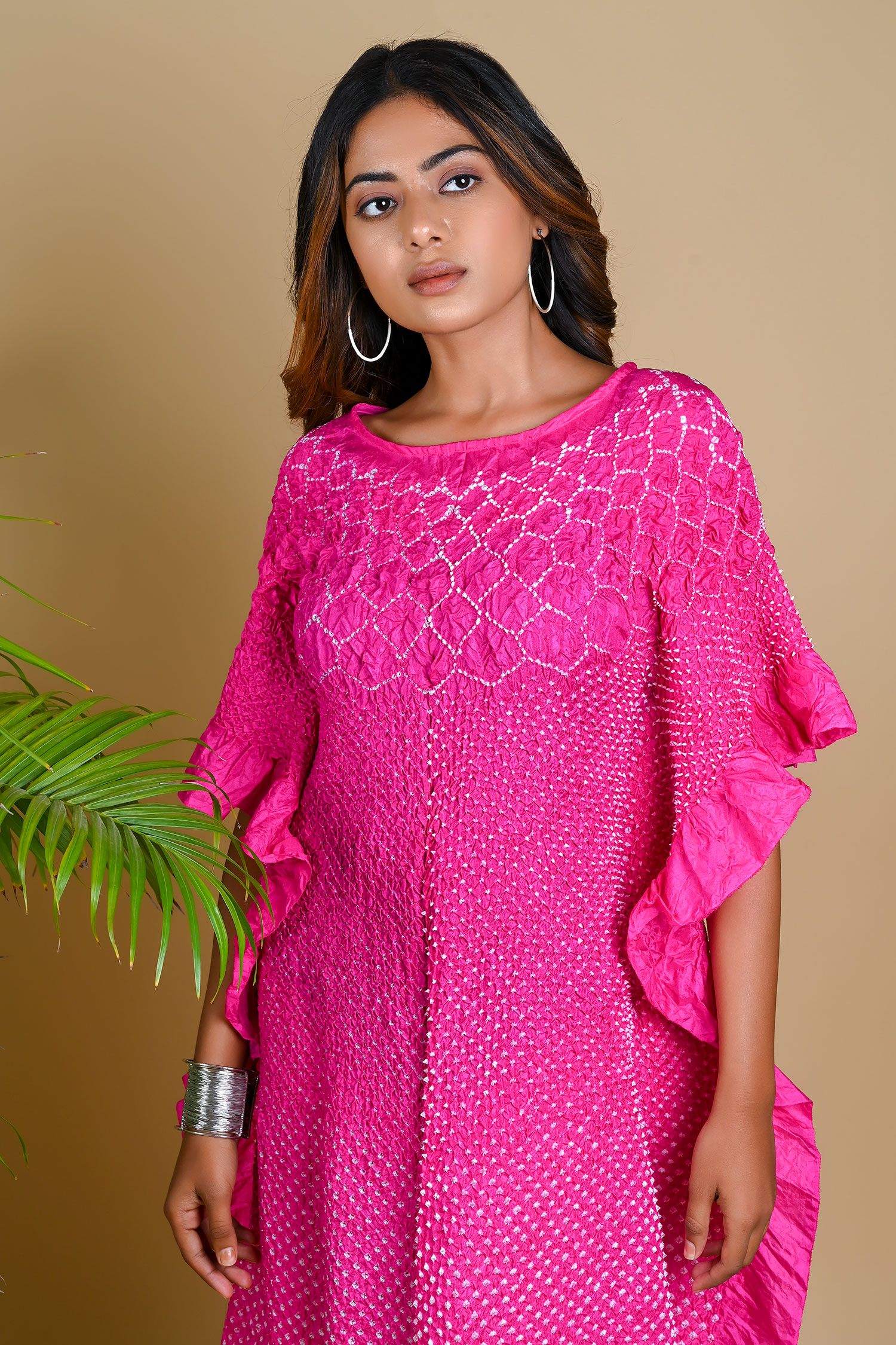 Shop_Dyelogue_Pink Mulbery Silk Boat Flared Sleeved Bandhani Dress _Online_at_Aza_Fashions