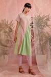 Charkhee_Green Cotton Textured Colour Block Round Colorblock Kurta And Pant Set  _Online_at_Aza_Fashions