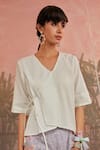 Shop_Charkhee_White Cotton Woven Colour Specs V Neck Angrakha Style Top  _at_Aza_Fashions