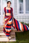 Buy_SVA by Sonam & Paras Modi_Multi Color Crepe Silk Printed Stripe Jacket Cape And Pant Saree Set  _at_Aza_Fashions