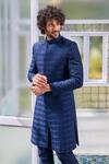 Shop_Sva By Sonam & Paras Modi_Blue Silk Geometric Embroidered Sherwani Set_at_Aza_Fashions