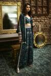 Buy_Sva By Sonam & Paras Modi_Blue Mor Jaal Print Bustier Round, Cape Jacket Spread Collar Pant Set_at_Aza_Fashions