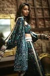 Shop_Sva By Sonam & Paras Modi_Blue Mor Jaal Print Bustier Round, Cape Jacket Spread Collar Pant Set_at_Aza_Fashions