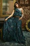 Buy_Sva By Sonam & Paras Modi_Blue Crepe Silk Floral, Mor Asymmetric Print Blouse And Lehenga Set_at_Aza_Fashions