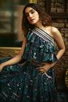 Sva By Sonam & Paras Modi_Blue Crepe Silk Floral, Mor Asymmetric Print Blouse And Lehenga Set_Online_at_Aza_Fashions