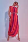 Buy_SVA by Sonam & Paras Modi_Red Crepe Silk Print And Embroidery Stripes High Cowl Gown  _at_Aza_Fashions