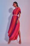 Shop_SVA by Sonam & Paras Modi_Red Crepe Silk Print And Embroidery Stripes High Cowl Gown  _at_Aza_Fashions