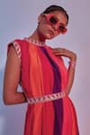 SVA by Sonam & Paras Modi_Red Crepe Silk Print And Embroidery Stripes High Cowl Gown  _Online_at_Aza_Fashions