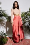 Shop_SVA by Sonam & Paras Modi_Beige Silk Embroidery Round Crop Top With Draped Skirt  _at_Aza_Fashions